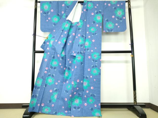 平和屋着物∴夏物　浴衣　注染　手縫い　草花文　椿　逸品　DABI8807cd