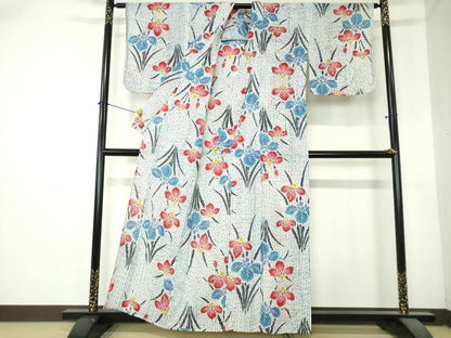 平和屋着物∴夏物　浴衣　注染　草花文　杜若　カキツバタ　綿　逸品　DABI8809cd