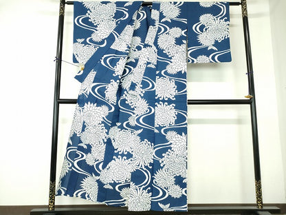 平和屋着物∴夏物　浴衣　注染　手縫い　流水花文　乱菊　綿　逸品　DABI8805cd