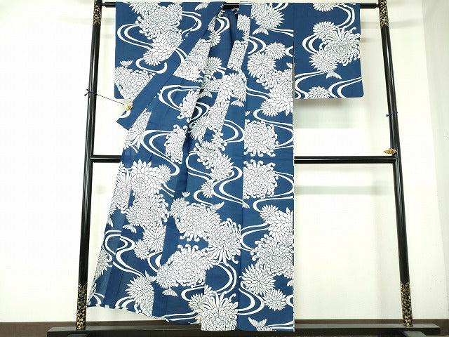 平和屋着物∴夏物　浴衣　注染　手縫い　流水花文　乱菊　綿　逸品　DABI8805cd