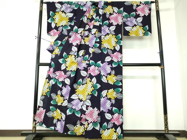 平和屋着物∴夏物　浴衣　注染　手縫い　紫陽花　綿　逸品　DABI8823cd