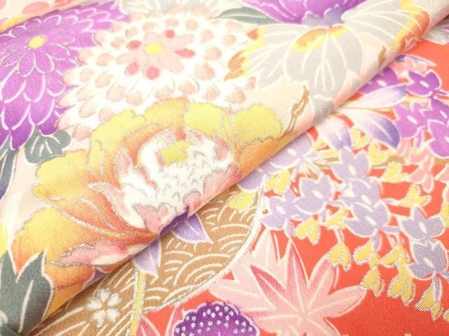 平和屋着物[]七五三　女の子　７歳　祝着　四つ身　花車文　銀彩　逸品　DABH5393ea