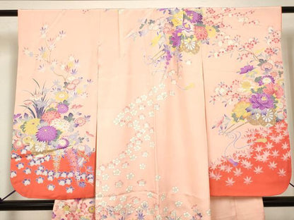 平和屋着物[]七五三　女の子　７歳　祝着　四つ身　花車文　銀彩　逸品　DABH5393ea