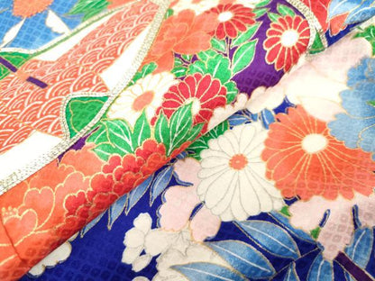 平和屋着物[]七五三　女の子　７歳　祝着　四つ身　駒刺繍　糸車牡丹花文　逸品　DABH5467ea