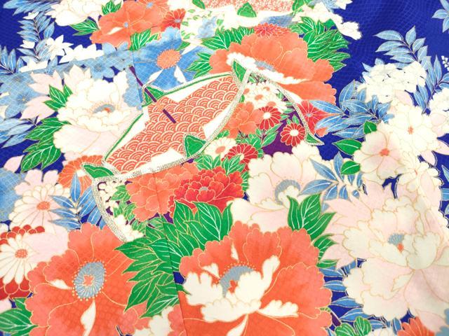 平和屋着物[]七五三　女の子　７歳　祝着　四つ身　駒刺繍　糸車牡丹花文　逸品　DABH5467ea