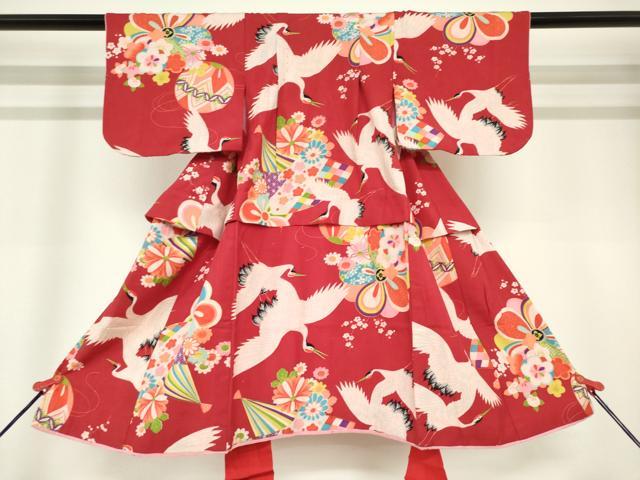 平和屋着物[]アンティーク　大正ロマン　七五三　女の子　３歳　祝着　三つ身　飛鶴花鞠文　DABH5468ea