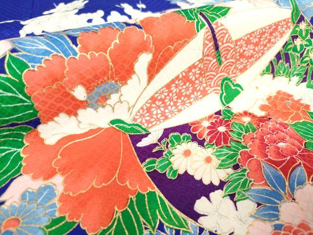 平和屋着物[]七五三　女の子　７歳　祝着　四つ身　駒刺繍　糸車牡丹花文　逸品　DABH5467ea