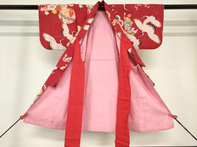 平和屋着物[]アンティーク　大正ロマン　七五三　女の子　３歳　祝着　三つ身　飛鶴花鞠文　DABH5468ea