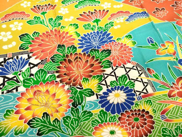 平和屋着物∵女の子　十三参り　子供　駒刺繍　型染　松竹梅　重ね山花文　金彩　逸品　DABH5480ea