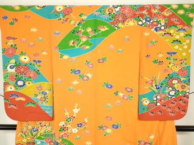 平和屋着物∵女の子　十三参り　子供　駒刺繍　型染　松竹梅　重ね山花文　金彩　逸品　DABH5480ea