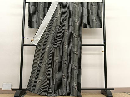 平和屋着物＊夏物　小紋　紗　幾何学文様　黒地　洗える着物　BAAY4211hv