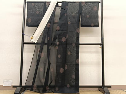 平和屋着物＊夏物　小紋　紗　亀甲文　黒地　洗える着物　BAAY4190hv