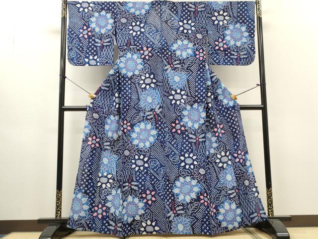 平和屋着物∴夏物　浴衣　有松鳴海絞り　枝花文　トンボ　綿　逸品　DABI8869cd
