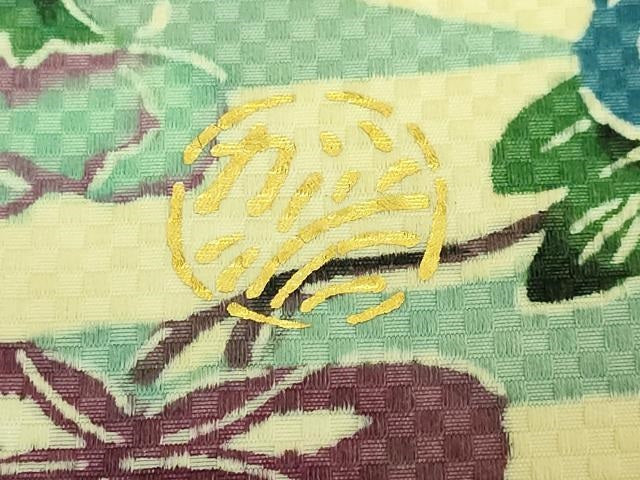 平和屋本店●極上　人間国宝　鎌倉芳太郎　型絵染　琉球紅型　九寸名古屋帯　菱霞牡丹唐草文　ゑり善扱い　たとう紙付　逸品　DZAB9384kh6