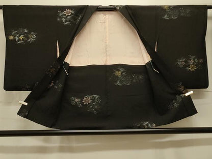 平和屋着物＃羽織 寿光織 草花文 黒地 金糸 正絹 逸品 CABK3577in