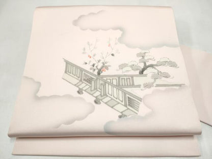 平和屋着物●塩瀬　九寸名古屋帯　作家物　手描き　風景文　正絹　逸品　CABL1017hy