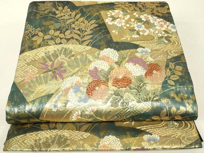 平和屋着物▼六通柄袋帯　地紙花文　金糸　正絹　逸品　DABJ1199az