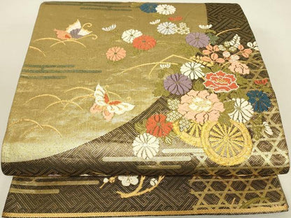 平和屋着物▼佐賀錦　六通柄袋帯　唐織　花丸舞蝶文　金糸　正絹　逸品　DABJ1220az