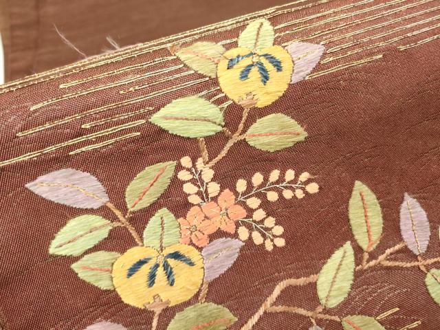 平和屋着物▼太鼓柄袋帯　駒刺繍　総刺繍　橘　金糸　正絹　逸品　DABJ1201az