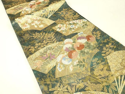 平和屋着物▼六通柄袋帯　地紙花文　金糸　正絹　逸品　DABJ1199az