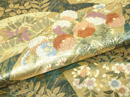 平和屋着物▼六通柄袋帯　地紙花文　金糸　正絹　逸品　DABJ1199az