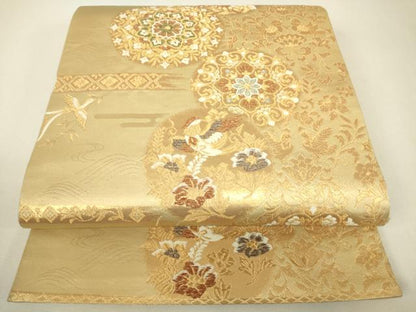 平和屋着物▼六通柄袋帯　正倉院鳳凰花文　金糸　正絹　逸品　DABJ1208az