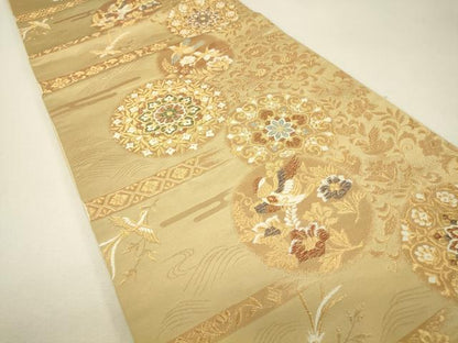 平和屋着物▼六通柄袋帯　正倉院鳳凰花文　金糸　正絹　逸品　DABJ1208az