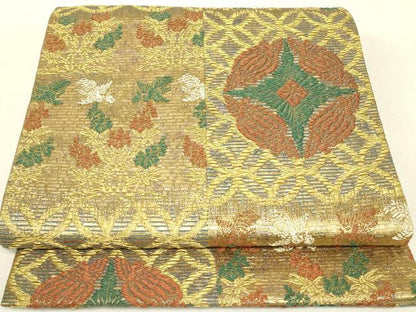 平和屋着物▼六通柄袋帯　金羅　七宝花文　金糸　正絹　逸品　DABJ1210az