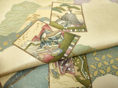 平和屋着物●友禅師・京の名工・伝統工芸士・樽本伊勢蔵　つけ帯　手描き　百人一首　カルタ　金銀彩　引箔　正絹　逸品　DABI6354ps