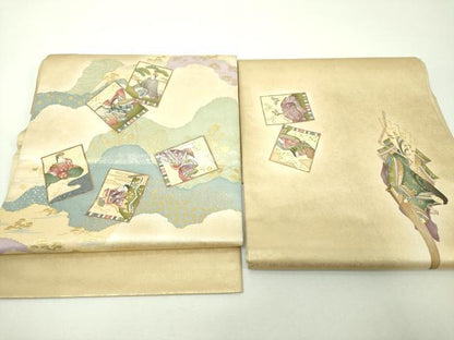 平和屋着物●友禅師・京の名工・伝統工芸士・樽本伊勢蔵　つけ帯　手描き　百人一首　カルタ　金銀彩　引箔　正絹　逸品　DABI6354ps