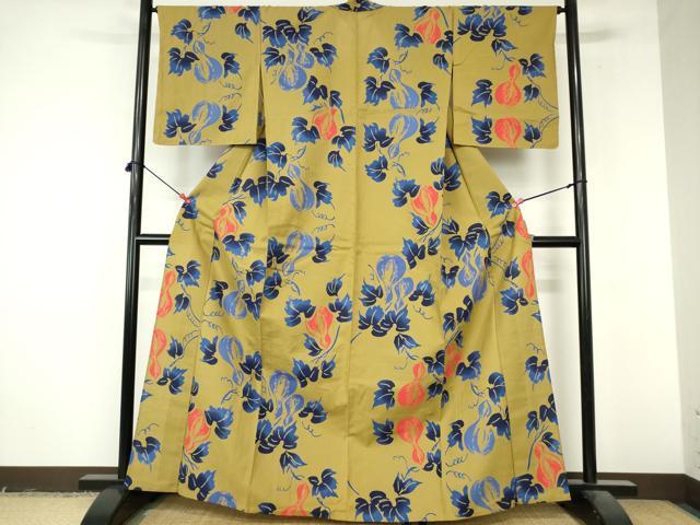 平和屋着物∴夏物　浴衣　注染　手縫い　瓢箪蔦の葉文　日本製　逸品　未使用　DABI8935cd