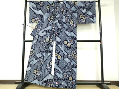 平和屋着物∴夏物　浴衣　有松鳴海絞り　雪輪芝花文　綿　逸品　DABI8919cd