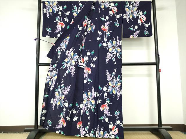 平和屋着物∴夏物　浴衣　注染　枝花文　綿　逸品　DABI8932cd