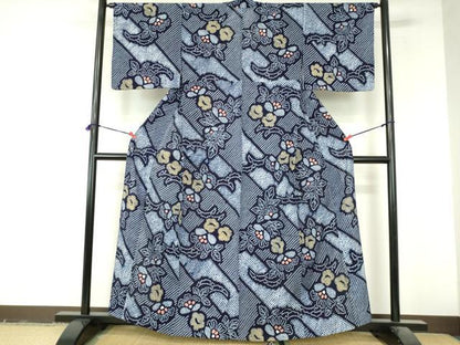 平和屋着物∴夏物　浴衣　有松鳴海絞り　雪輪芝花文　綿　逸品　DABI8919cd