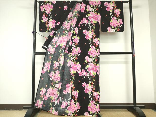 平和屋着物∴夏物　浴衣　さくらんぼ　花間道　黒地　銀彩　逸品　DABI8936cd
