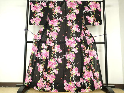 平和屋着物∴夏物　浴衣　さくらんぼ　花間道　黒地　銀彩　逸品　DABI8936cd