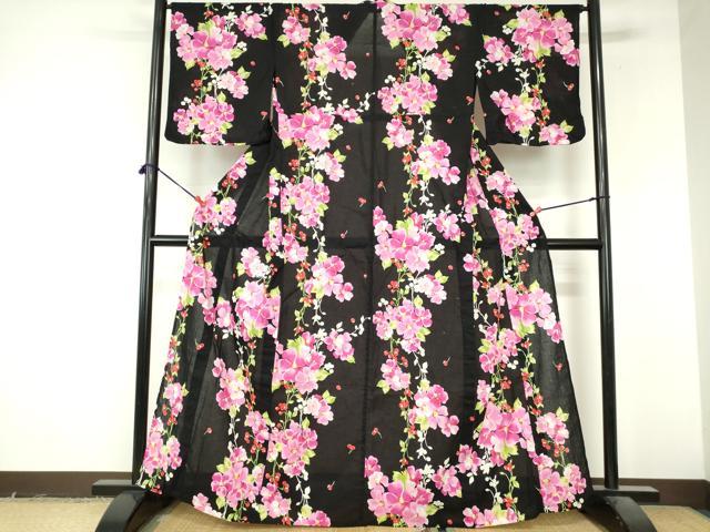 平和屋着物∴夏物　浴衣　さくらんぼ　花間道　黒地　銀彩　逸品　DABI8936cd