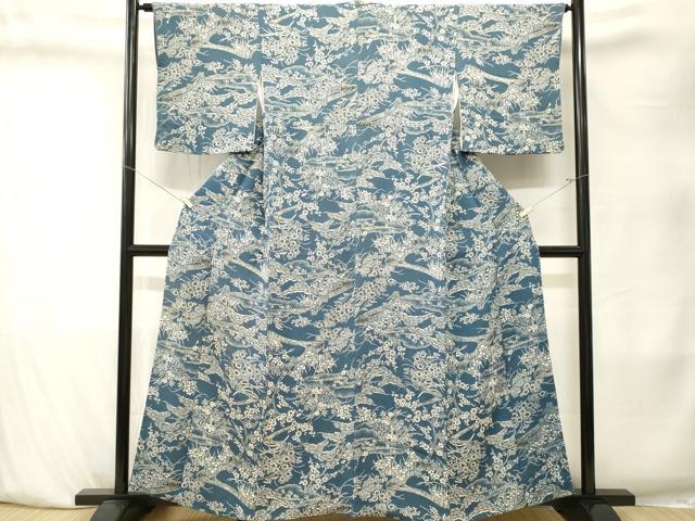 平和屋着物■上質な小紋　藍　型染め　流水草花文　鬼しぼ縮緬　正絹　逸品　CABK4044ev