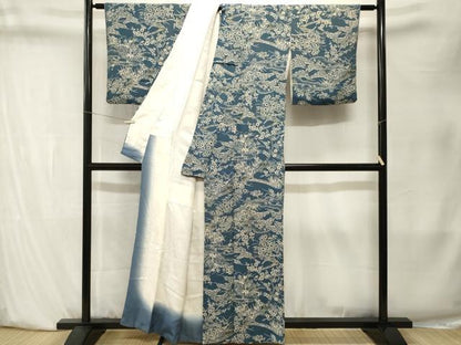 平和屋着物■上質な小紋　藍　型染め　流水草花文　鬼しぼ縮緬　正絹　逸品　CABK4044ev