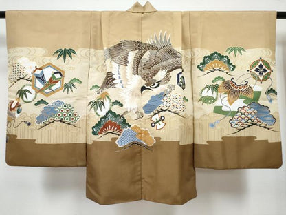 平和屋着物[]七五三　男の子　祝着・羽織・長襦袢(単衣)セット　香色　鷹　鷲　松取り笹文　金彩　DABG3305ma