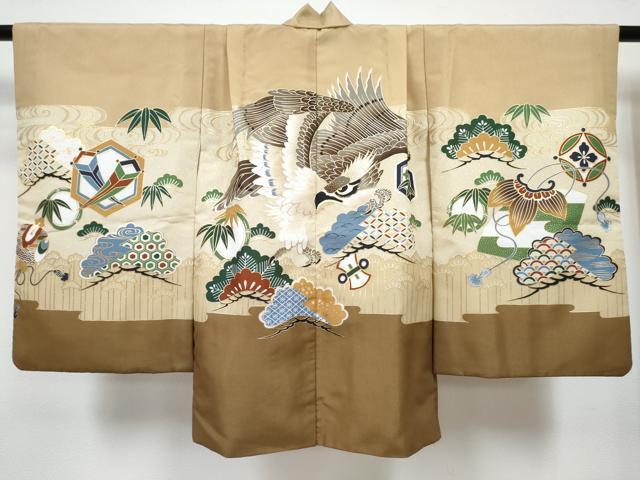 平和屋着物[]七五三　男の子　祝着・羽織・長襦袢(単衣)セット　香色　鷹　鷲　松取り笹文　金彩　DABG3305ma