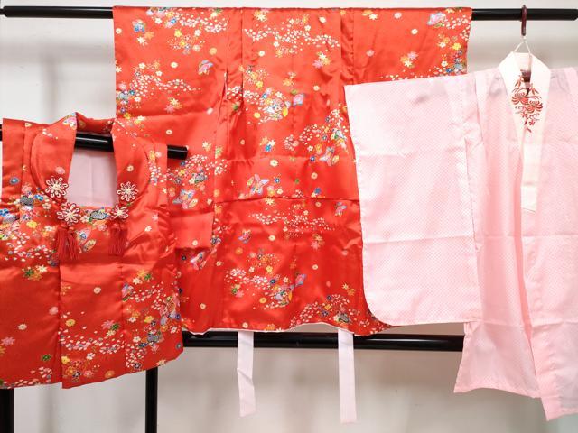 平和屋着物[]七五三　女の子　３歳　祝着　三つ身　長襦袢(単衣・半衿刺繍)・被布セット　舞花文　逸品　DABG3312ma