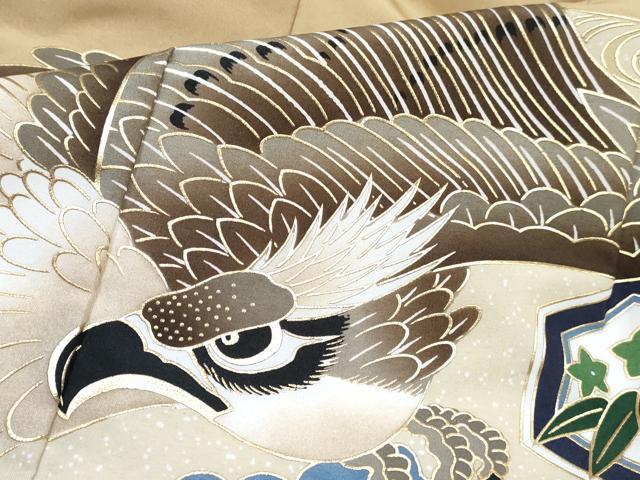 平和屋着物[]七五三　男の子　祝着・羽織・長襦袢(単衣)セット　香色　鷹　鷲　松取り笹文　金彩　DABG3305ma