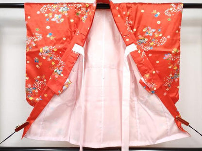 平和屋着物[]七五三　女の子　３歳　祝着　三つ身　長襦袢(単衣・半衿刺繍)・被布セット　舞花文　逸品　DABG3312ma