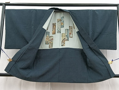 平和屋着物●男性　本塩沢　アンサンブル　蚊絣　正絹　逸品　BAAX9941yc