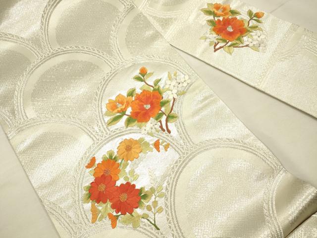 平和屋着物◎九寸名古屋帯　刺繍　草花青海波文　金銀糸　正絹　逸品　DABJ2655ya