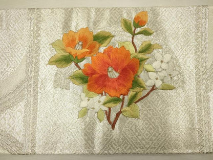 平和屋着物◎九寸名古屋帯　刺繍　草花青海波文　金銀糸　正絹　逸品　DABJ2655ya