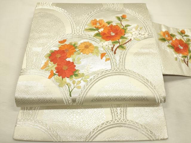 平和屋着物◎九寸名古屋帯　刺繍　草花青海波文　金銀糸　正絹　逸品　DABJ2655ya