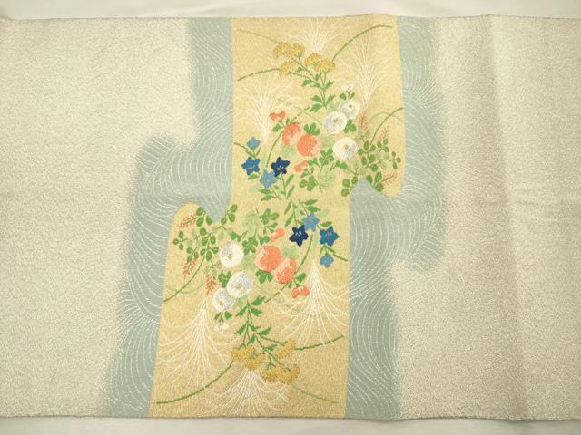 平和屋着物◎綴れ　太鼓柄袋帯　風景草花文　金銀糸　正絹　逸品　DABJ2672ya