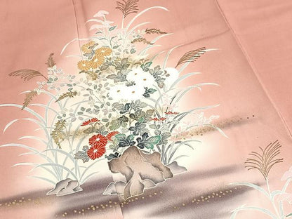 平和屋着物■訪問着　秋草文　退紅色　暈し染め　金彩　正絹　逸品　BAAX9960yc